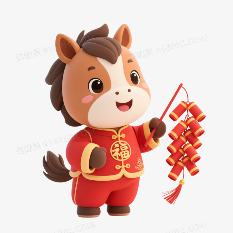 卡通一个小马拿着鞭炮免抠元素