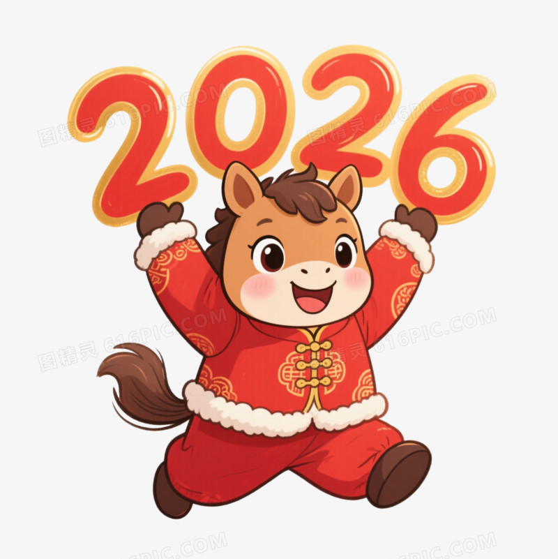 卡通-穿着红色冬季唐装衣服的小马举着2026免抠元素