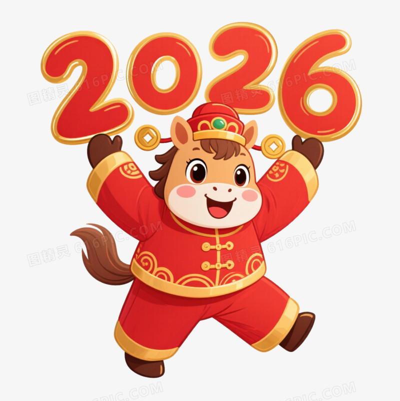 卡通戴着财神爷帽子的小马举着2026免抠元素