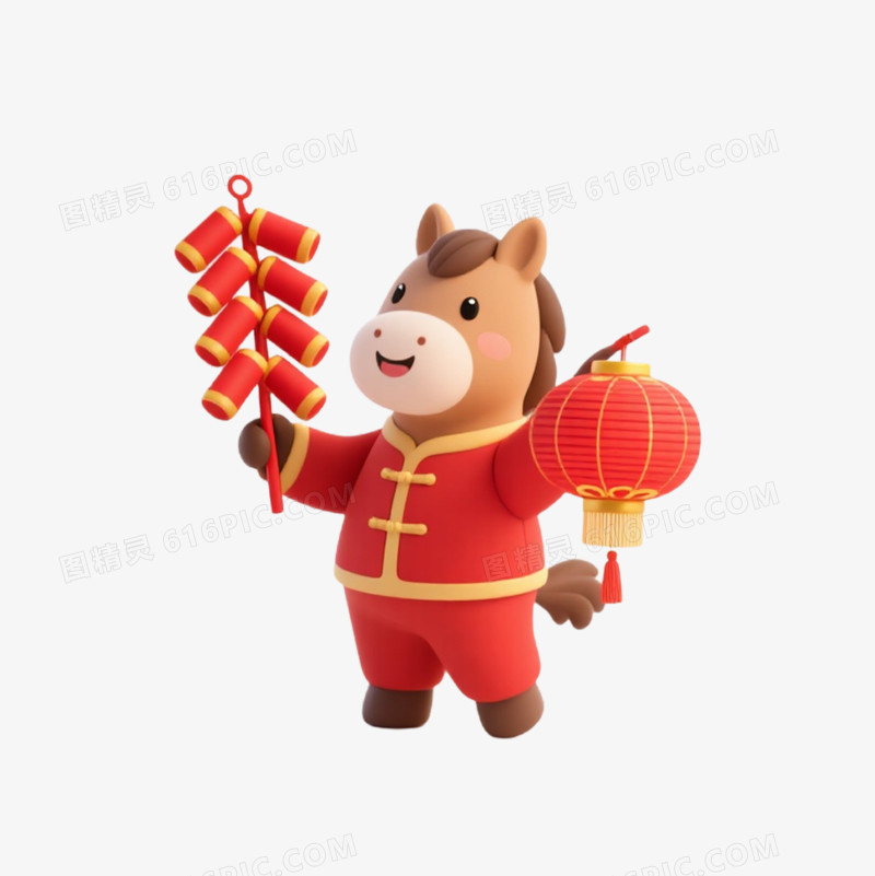 卡通一个小马拿着灯笼和鞭炮免抠元素