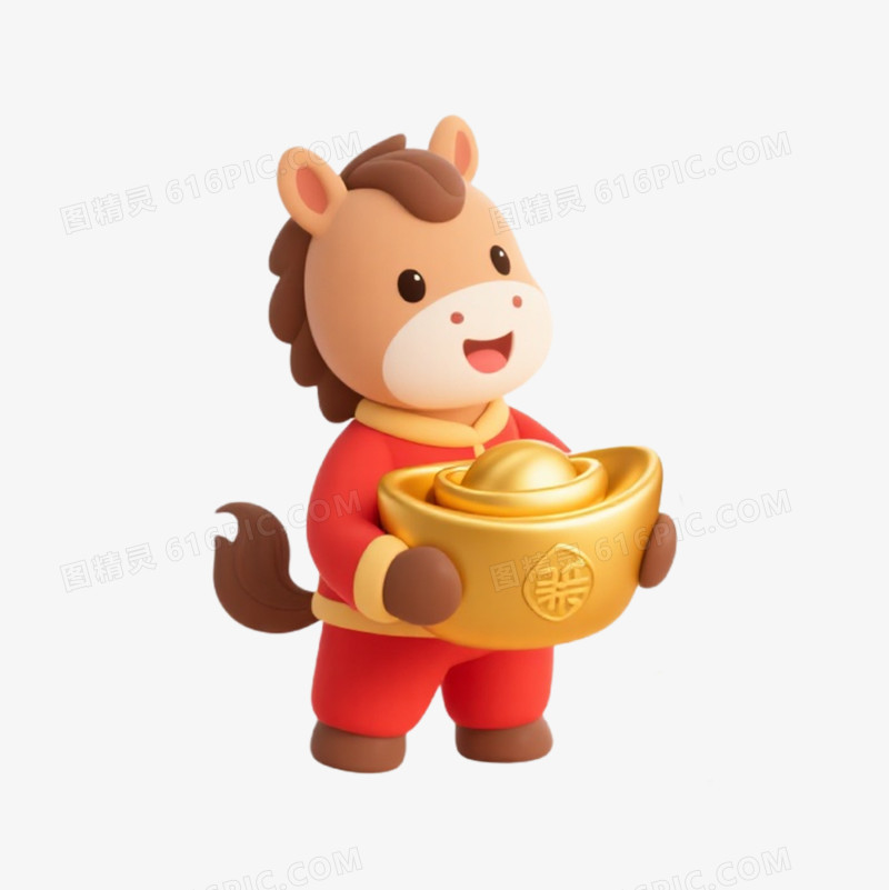 卡通一个小马抱着金元宝免抠元素