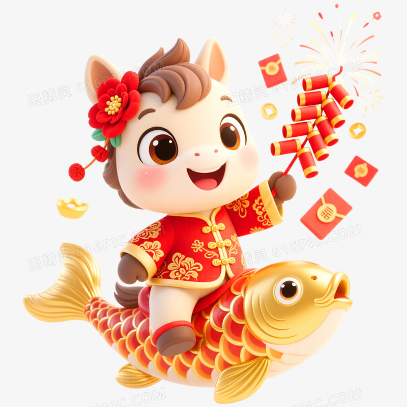 3D立体创意戴花马年形象IP免抠元素
