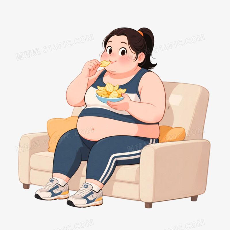 插画风格女性吃薯片免抠元素