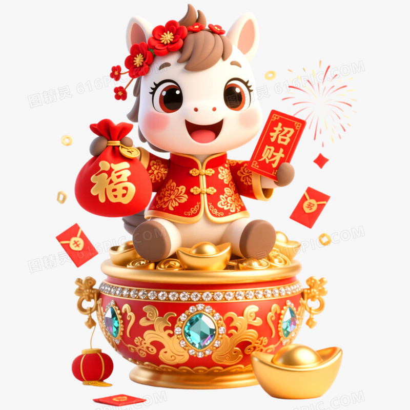 3D立体创意戴花马年形象IP免抠元素