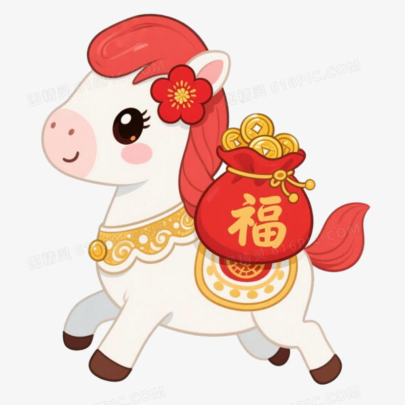 手绘插画多巴胺马年形象IP免抠元素