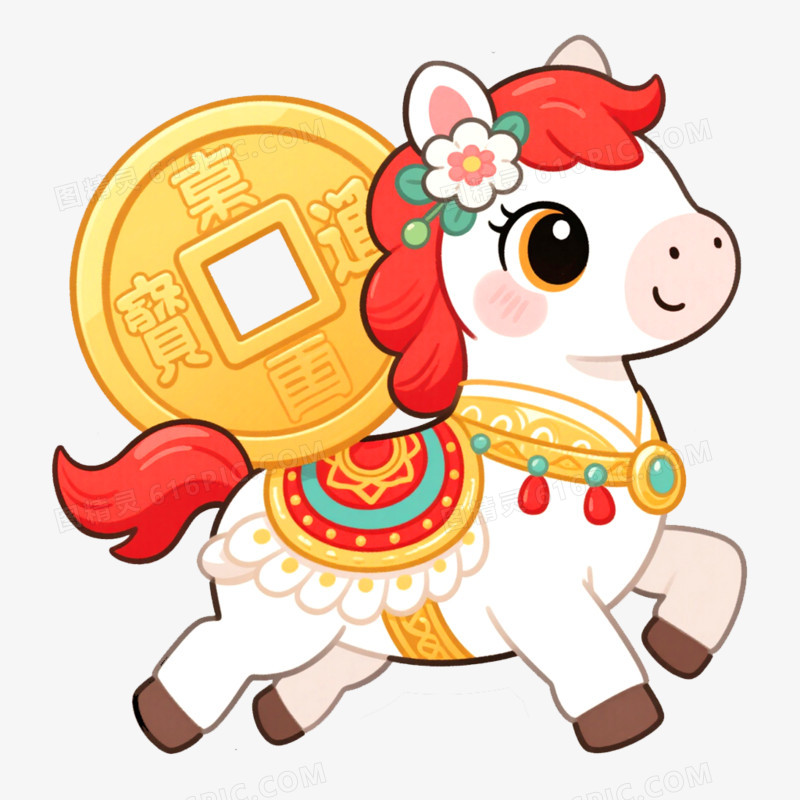 手绘插画多巴胺马年形象IP免抠元素