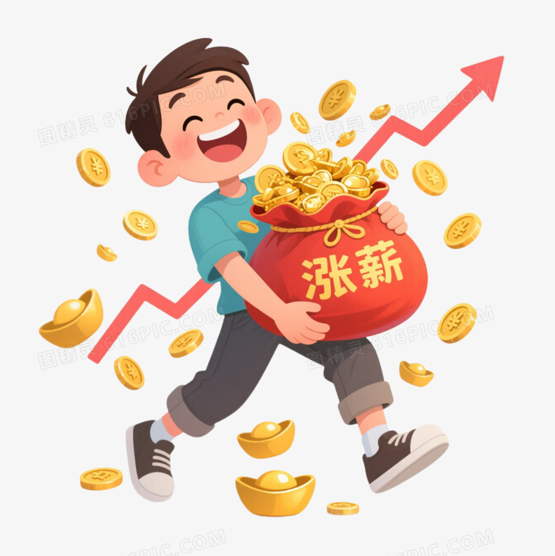 卡通一个男人抱着印着涨薪的福袋免抠元素