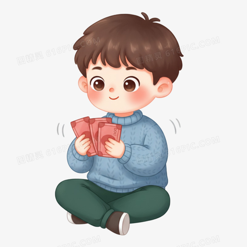 卡通手绘男生数钱免抠元素