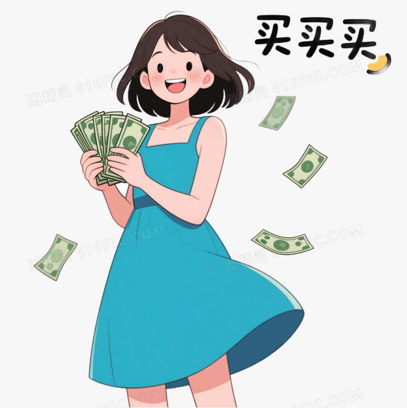 卡通一个穿着二蓝裙子的女孩拿着一叠钱买买买免抠元素