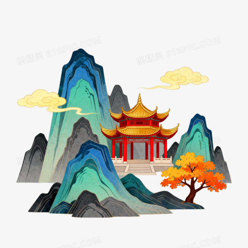 秋季中国风山水画免抠元素