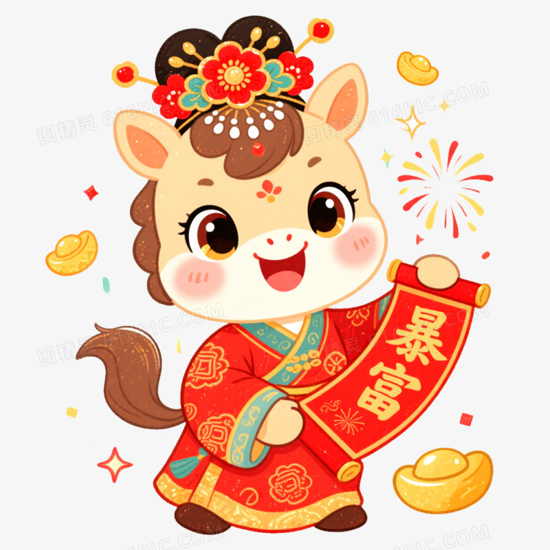手绘插画国潮马年形象IP免抠元素