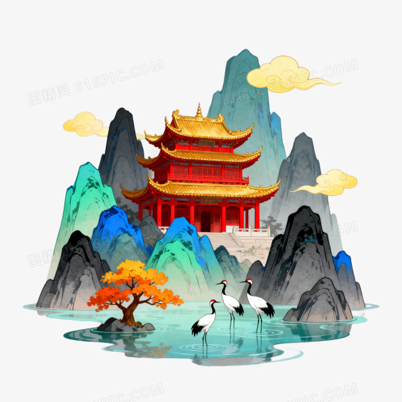 卡通手绘秋天仙鹤和中国建筑免抠元素
