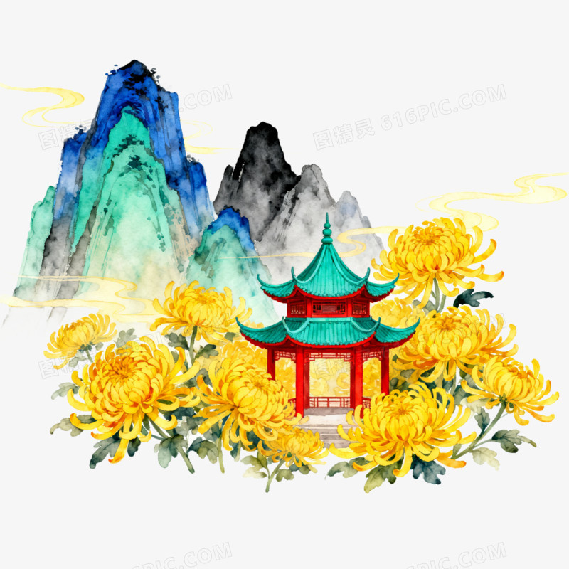 水墨风秋季菊花和亭子免抠元素