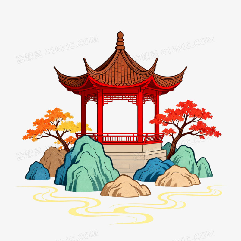 秋天中国风亭子免抠元素