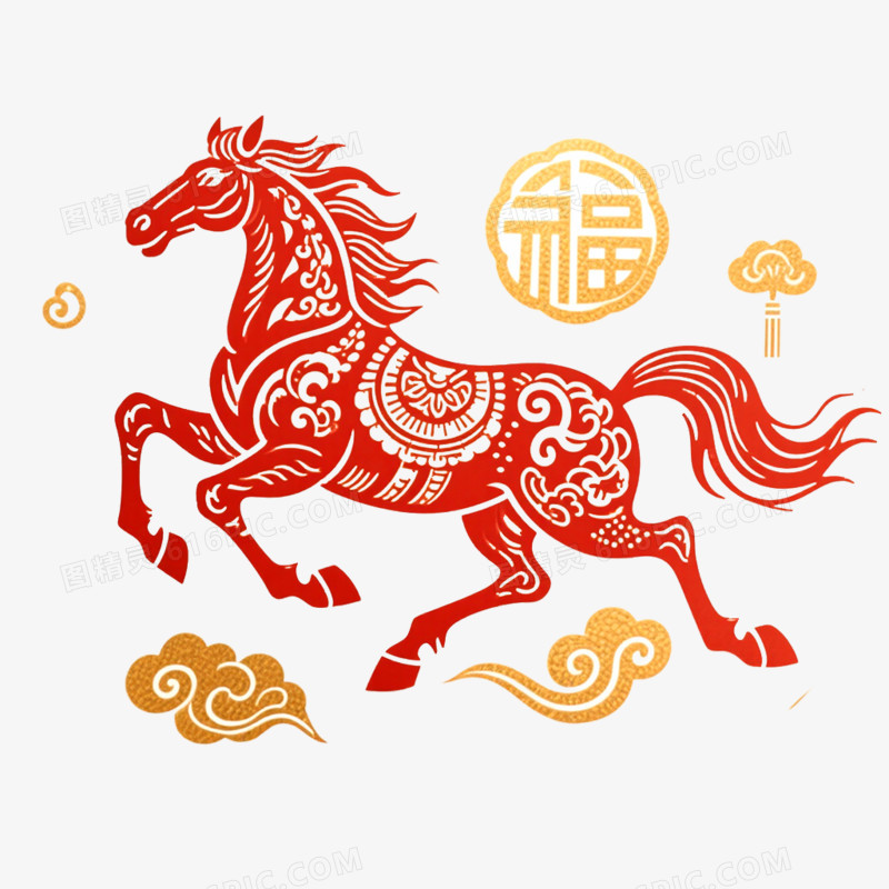手绘插画创意马年剪纸形象IP免抠元素