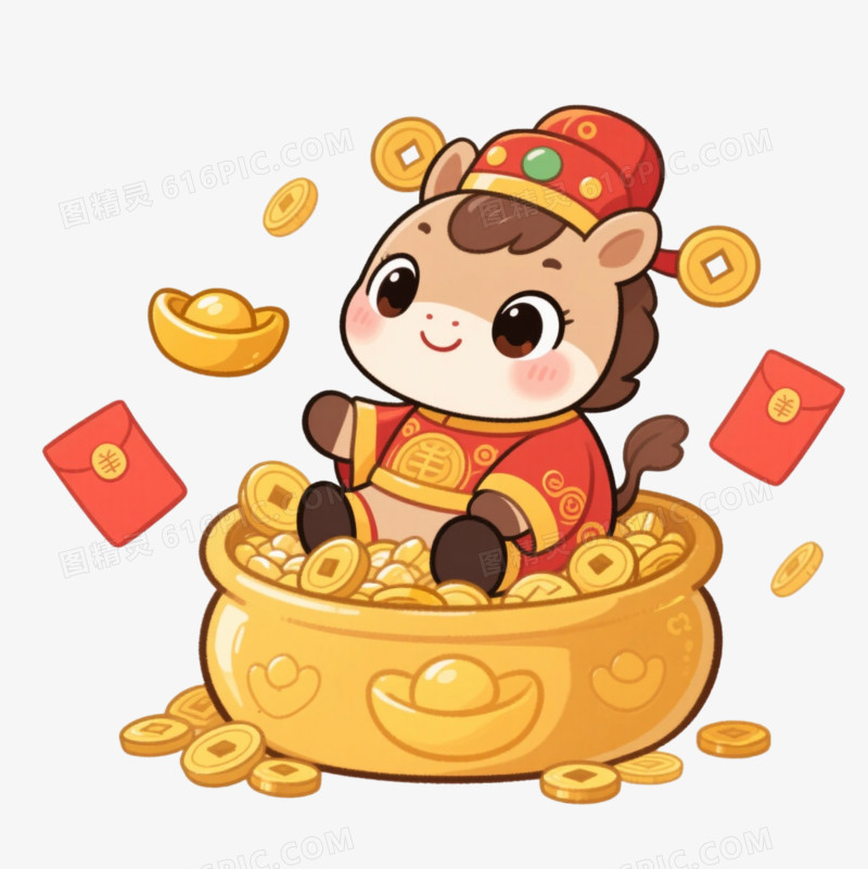 卡通一个穿着财神衣服的小马坐在聚宝盆里免抠元素