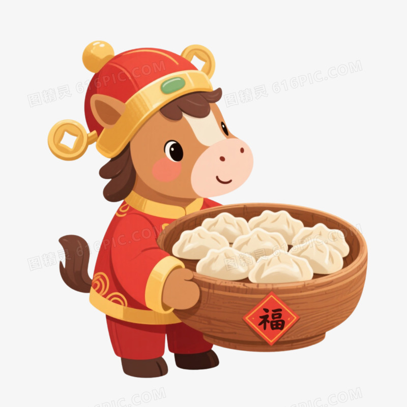 卡通一个穿着红金色衣服帽子的小马抱着一木盘饺子免抠元素