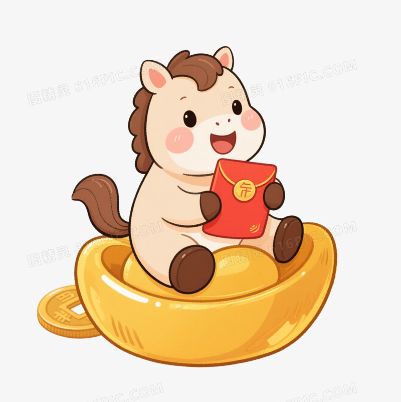 卡通一个坐在铜钱上的拿着红包的小马免抠元素