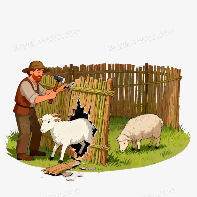 卡通插画风亡羊补牢免抠元素