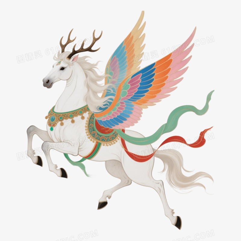 敦煌风有翅膀的神兽马免抠元素