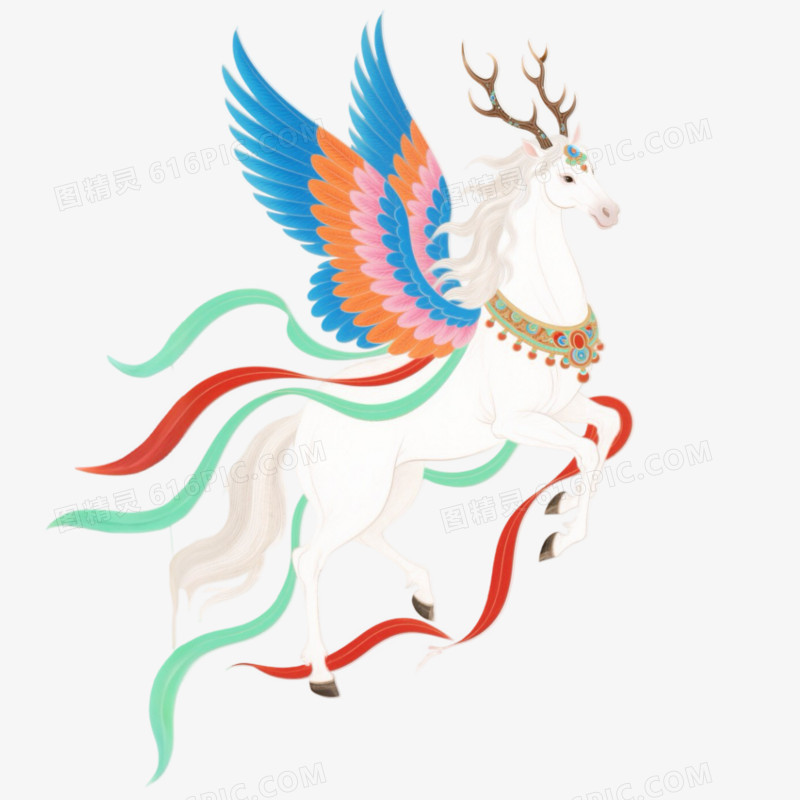 敦煌风有翅膀的神兽马免抠元素
