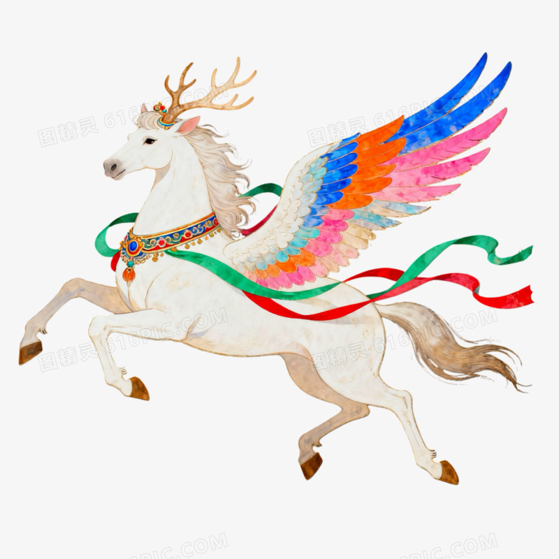 敦煌风有翅膀的神兽马免抠元素