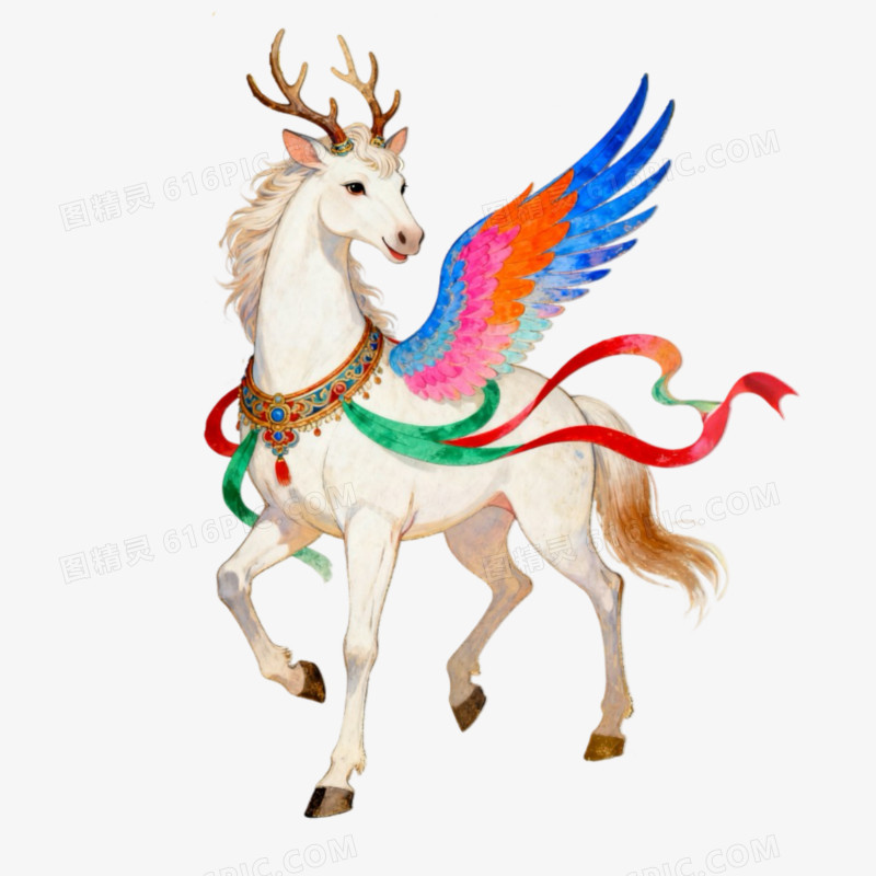 敦煌风有翅膀的神兽马免抠元素