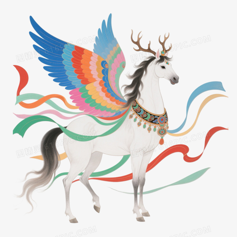 敦煌风有翅膀的神兽马免抠元素
