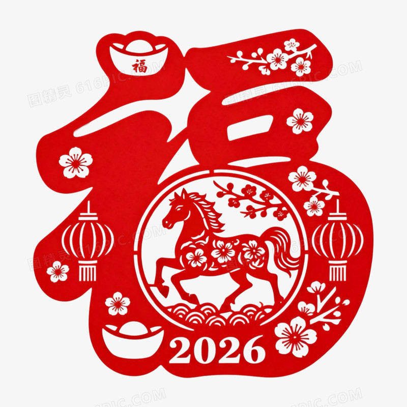 创意喜庆红色剪纸风马年福字艺术字