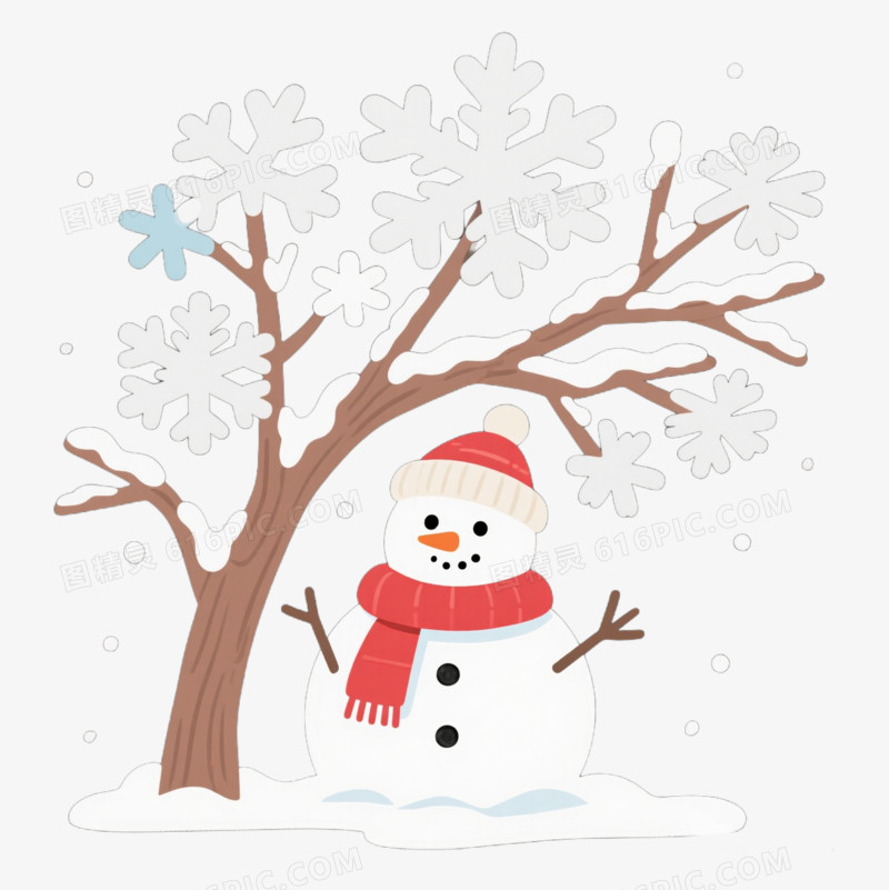 卡通风挂满白雪树木和雪人免抠元素