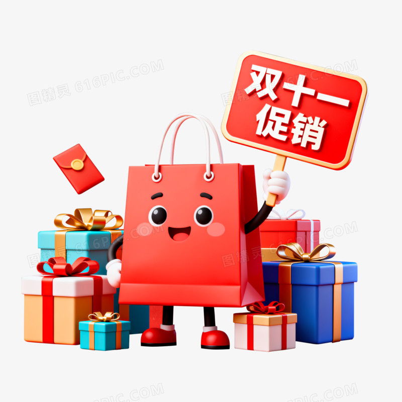 3D立体风双十一购物节拟人购物袋形象在礼物堆里免抠元素