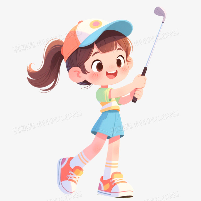 手绘插画人物打高尔夫免抠元素