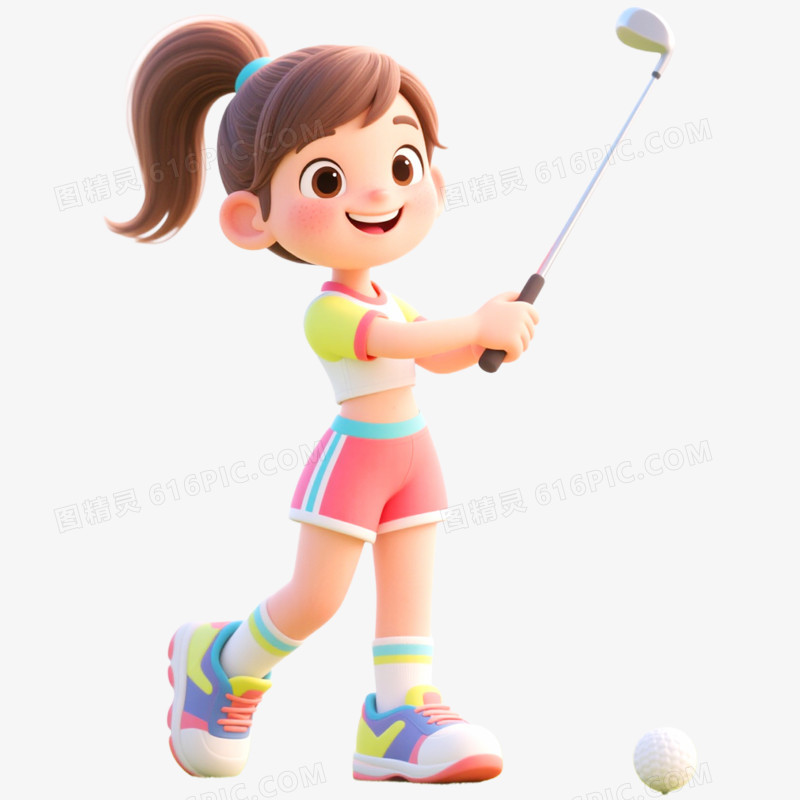 手绘插画人物打高尔夫免抠元素