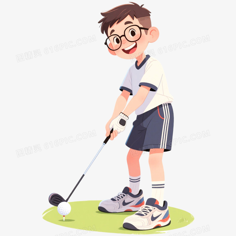 手绘插画人物打高尔夫免抠元素