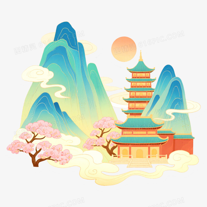 手绘插画国潮风山脉免抠元素