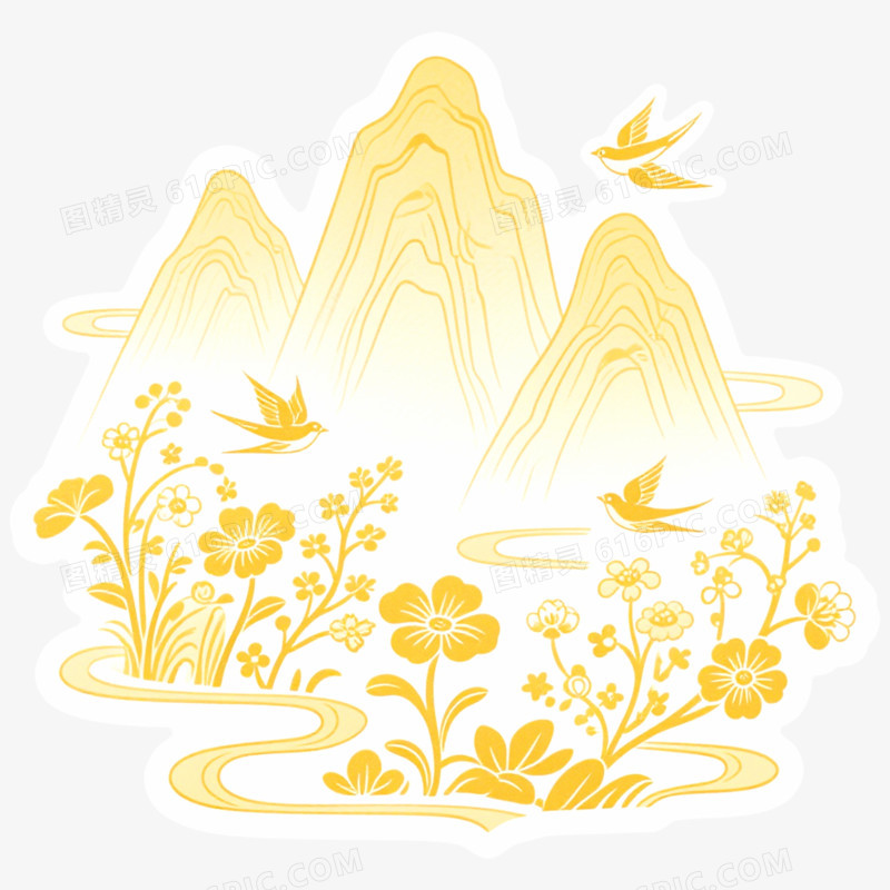 手绘插画国潮风山脉免抠元素
