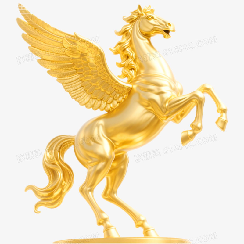 3D立体马年金色骏马长翅膀的马形象免抠元素