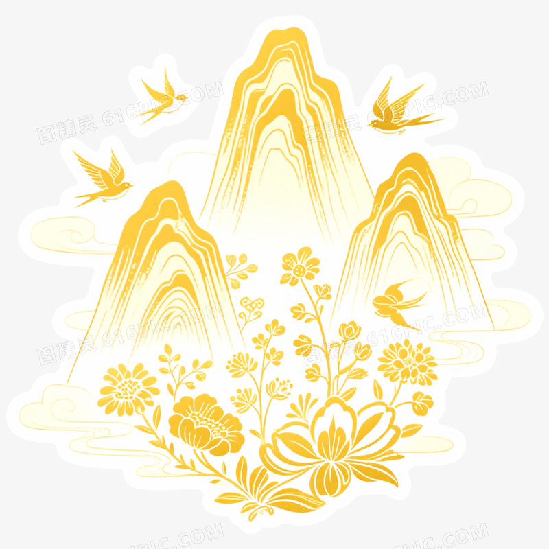 手绘插画国潮风山脉免抠元素