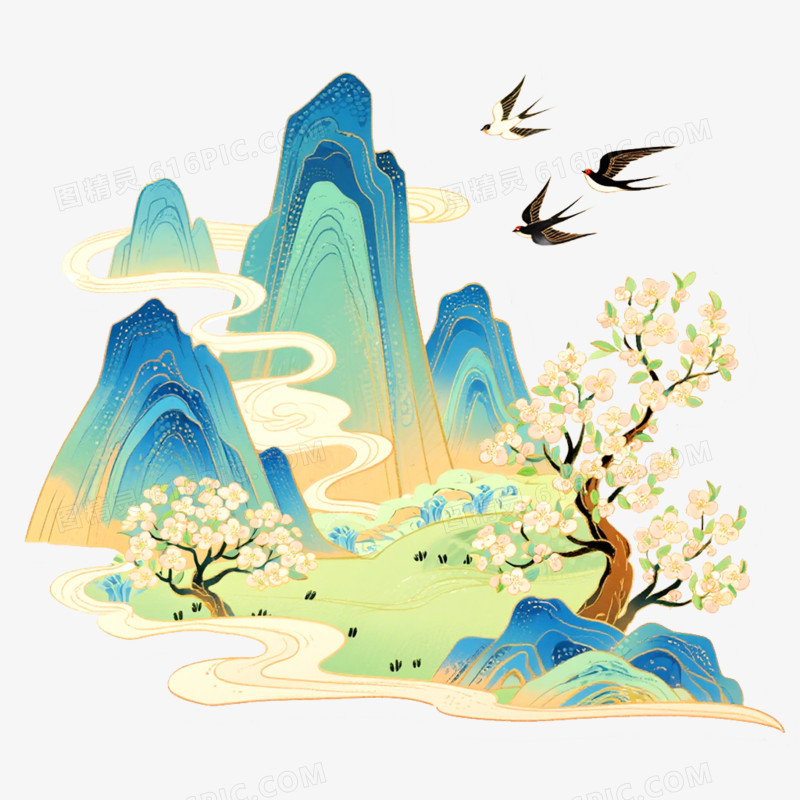 手绘插画国潮风山脉免抠元素