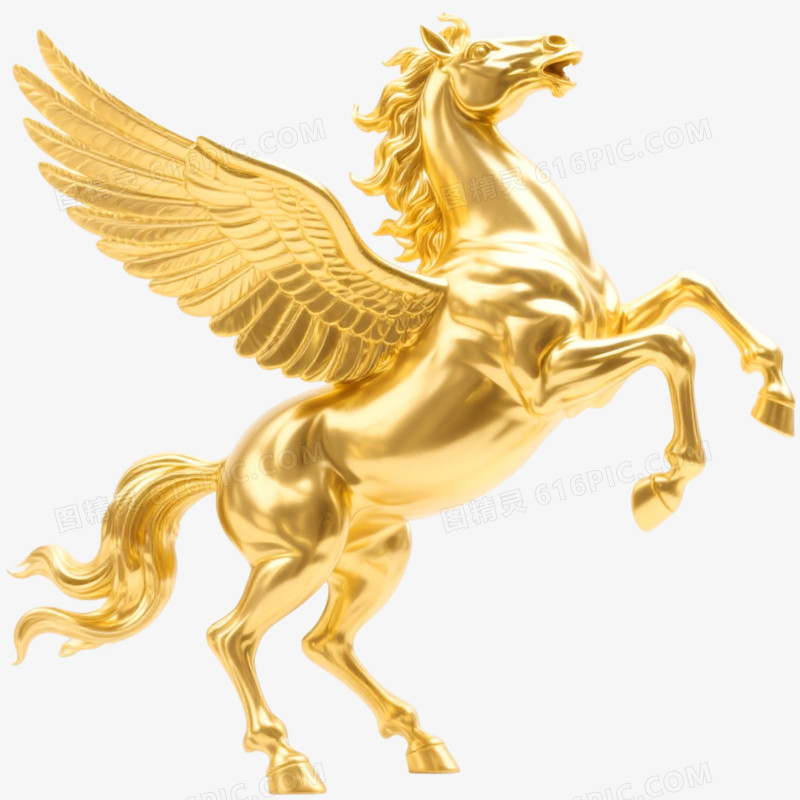 3D立体马年金色骏马长翅膀的马形象免抠元素