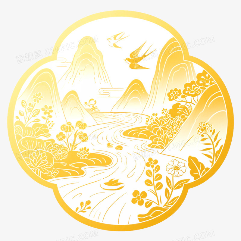 手绘插画国潮风山脉免抠元素