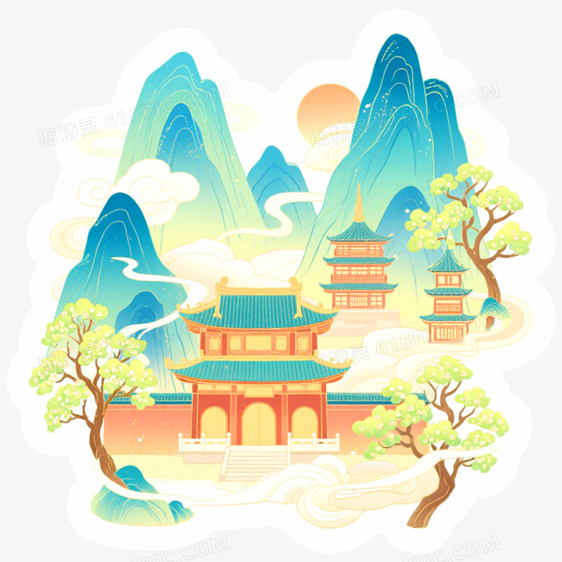 手绘插画国潮风山脉免抠元素