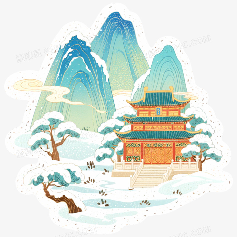 手绘插画国潮风山脉免抠元素