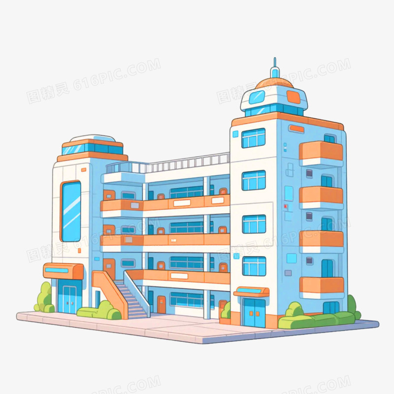 卡通插画风建筑学校教学楼免抠元素