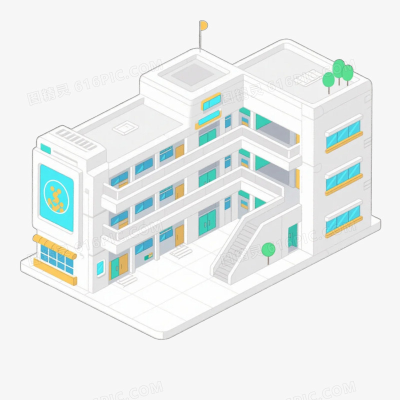 卡通插画风建筑学校教学楼免抠元素