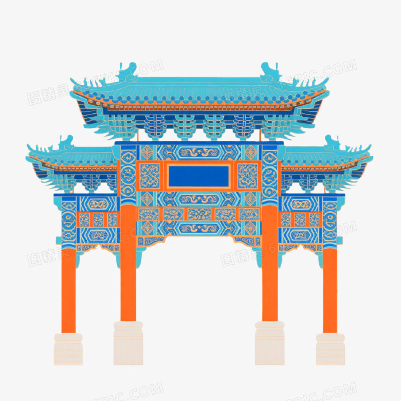国潮插画风格牌坊楼免抠元素