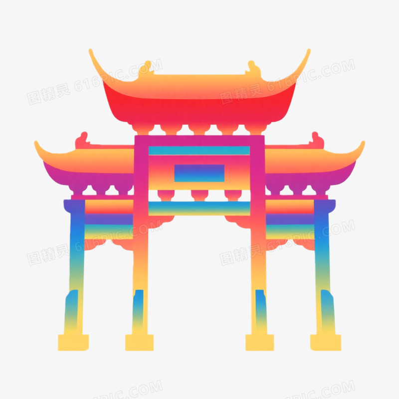 渐变插画牌坊楼建筑免抠元素