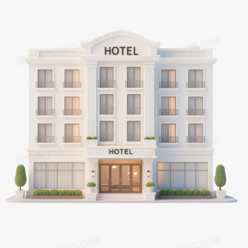 3D插画风格酒店楼房建筑免抠元素