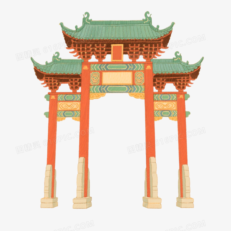 国潮插画风格牌坊楼免抠元素