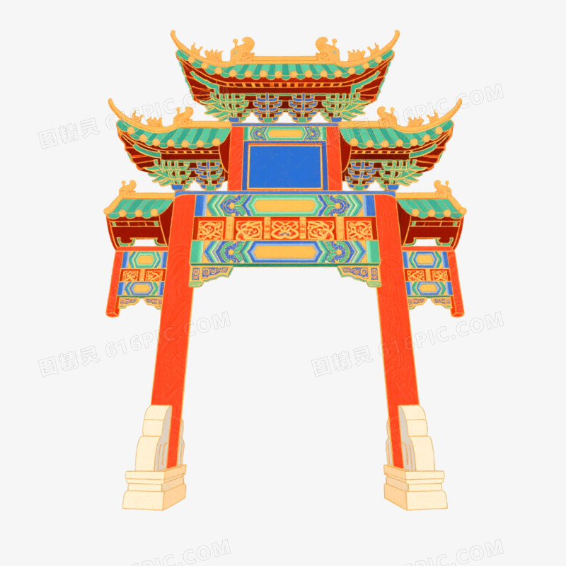 国潮插画风格牌坊楼免抠元素